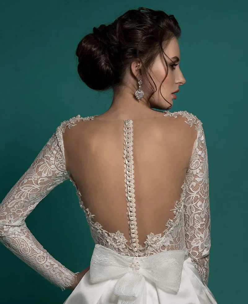 Robe de mariee Vestido de noiva curto короткое платье с длинными рукавами белое шикарное вечернее платье с открытой спиной Аппликация Длина колена для женщин
