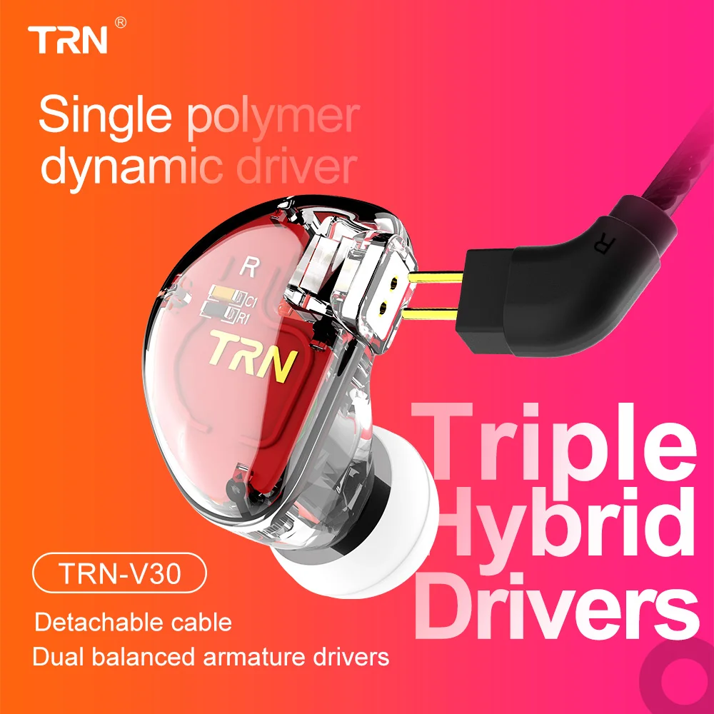 TRN гибридные наушники вкладыши V30 1DD + 2BA спортивные Hi Fi DJ съемная гарнитура 2pin 24h