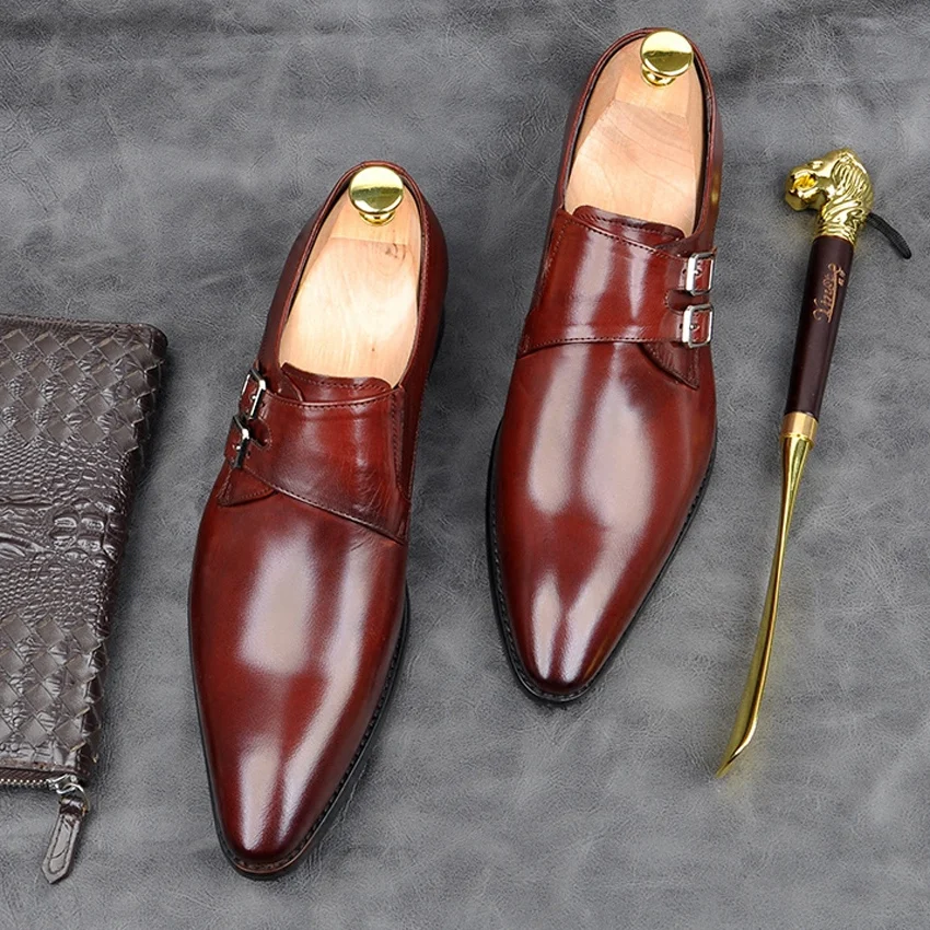 

New Italian Handmade Formal Dress Office Men's Monk Straps Oxfords Shoes Genuine Leather Pointed Toe Wedding Party Flats AM179