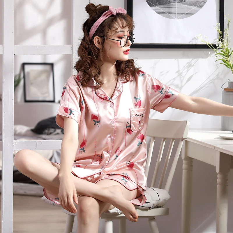 Women Short Satin Pajamas Sets 2021 Sleepwear for Ladies Home Clothes 2PCS Pyjamas Short Leisure Wear Printed Pijamas Homewear