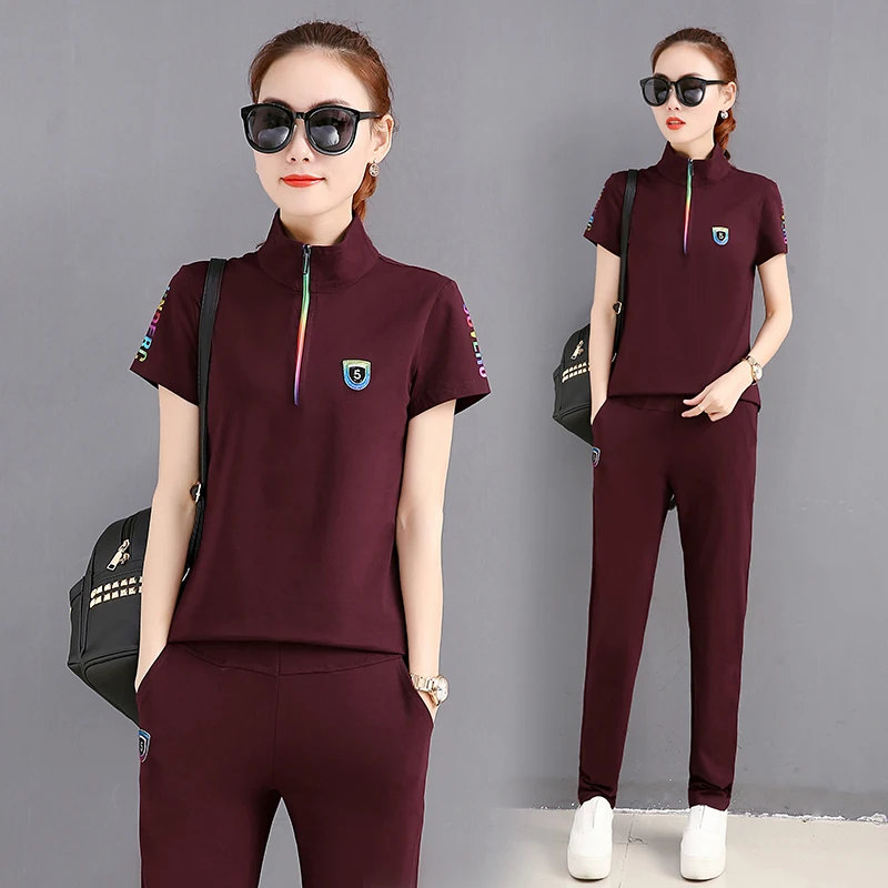 Женский костюм 2019 Новая мода лето короткий рукав футболка + брюки Повседневная