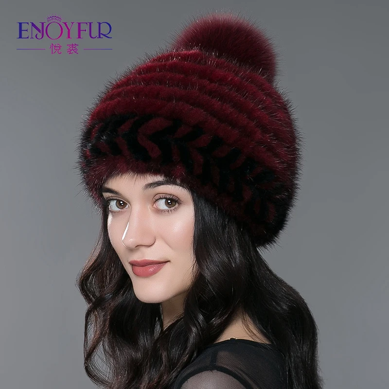 Реального норки меховая шапка для зимы Женщин Трикотажные полосы и лисий мех