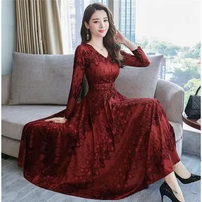WINE RED Модное женское плиссированное платье с вышивкой и принтом, уличная одежда, Новые осенне-зимние платья с длинным рукавом и женское повседневное длинное платье - Цвет: WINE RED