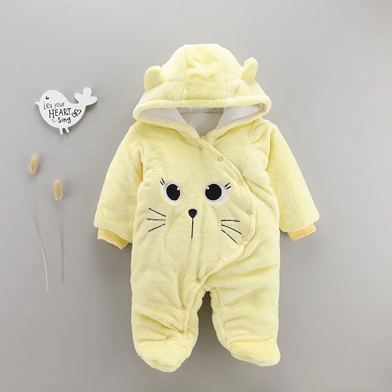 yellow cat Осень-зима детская с наполнителем комбинезон из флиса кораллового цвета для маленьких мальчиков и девочек с капюшоном комбинезон с пинетками; на пуговицах для маленьких детей с изображением героев мультфильмов, хлопковое пальто - Цвет: yellow cat
