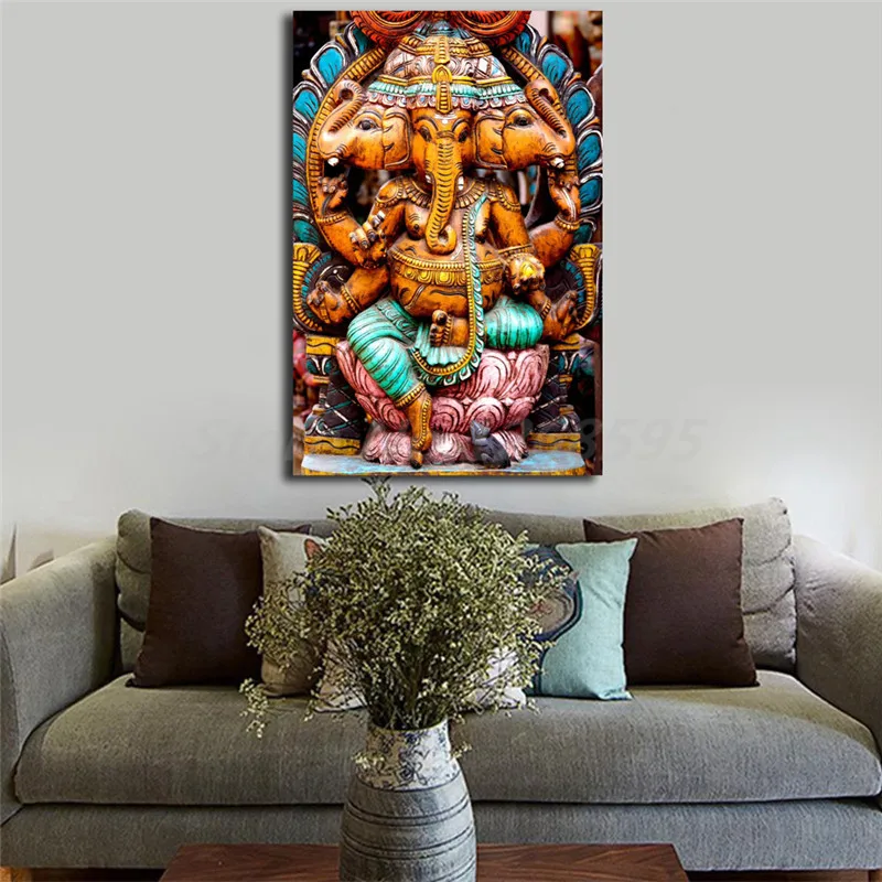 Лорд Ганеш резьба по дереву Овальный орнамент Холст Плакаты принты настенная