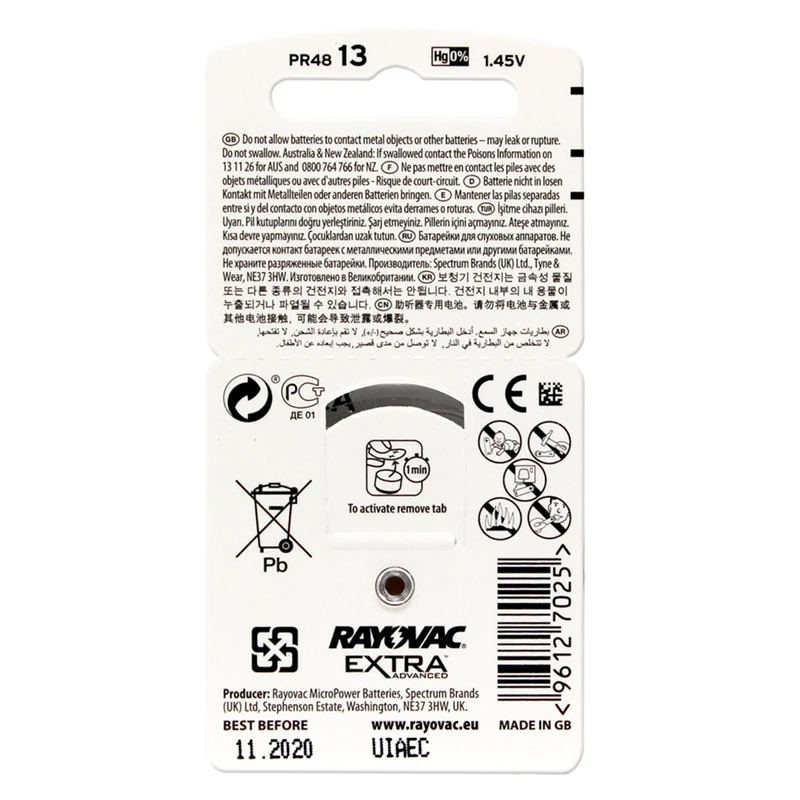 Батарея для слухового аппарата Rayovac 13 A13 PR48 60 шт. Высокоэффективная из цинка