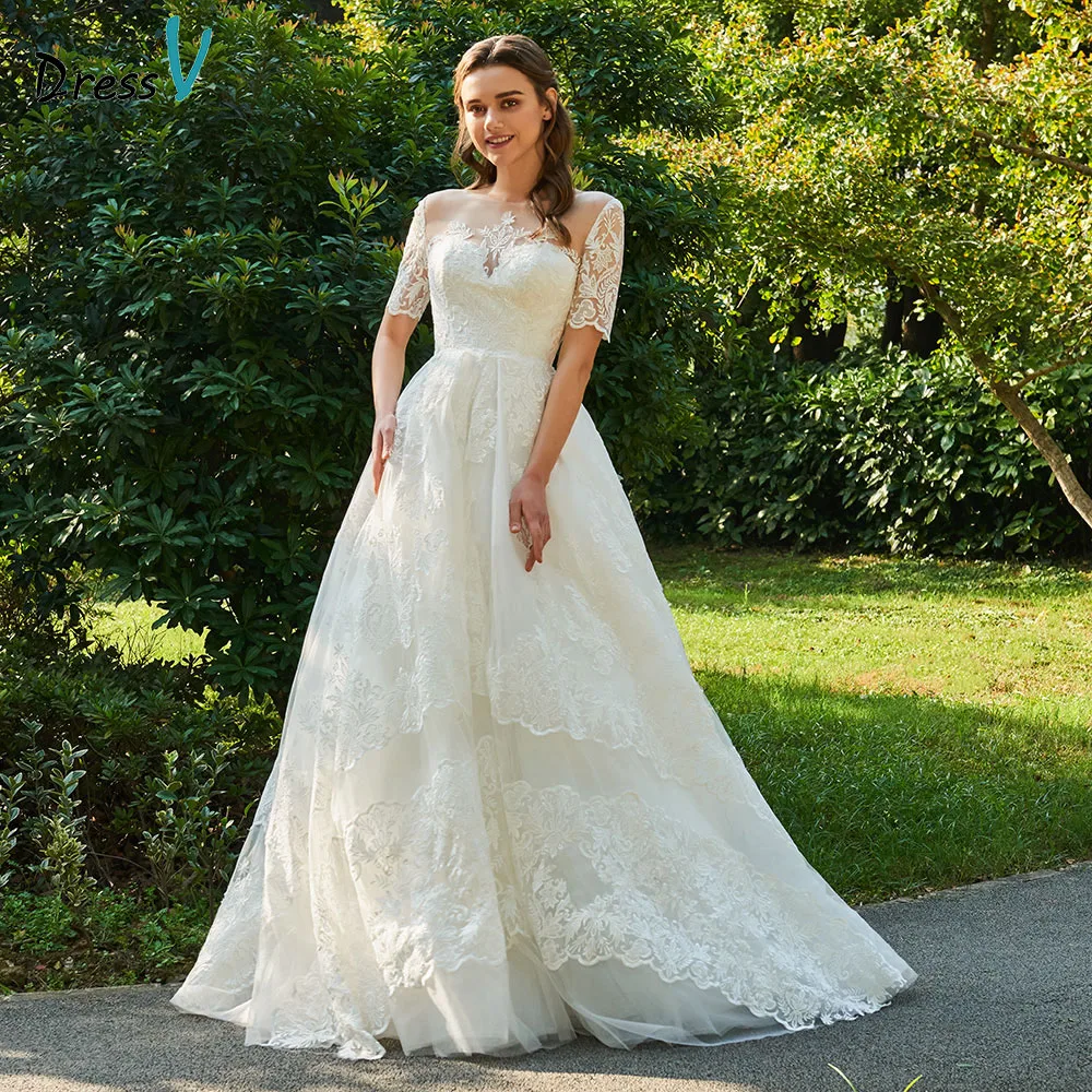 Dressv свадебное платье цвета слоновой кости с круглым вырезом Короткое Элегантное