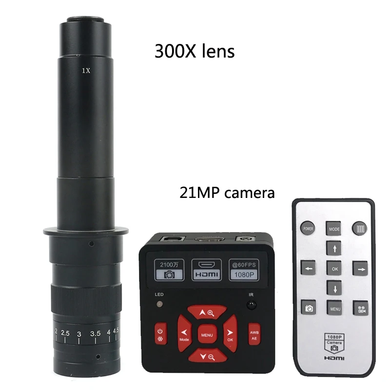 Free Shipping New 1080P 21MP HDMI USB Infrared Remote Control Digital Microscope Camera 180X 300X C-Mount Lens Zoom PCB Repair |