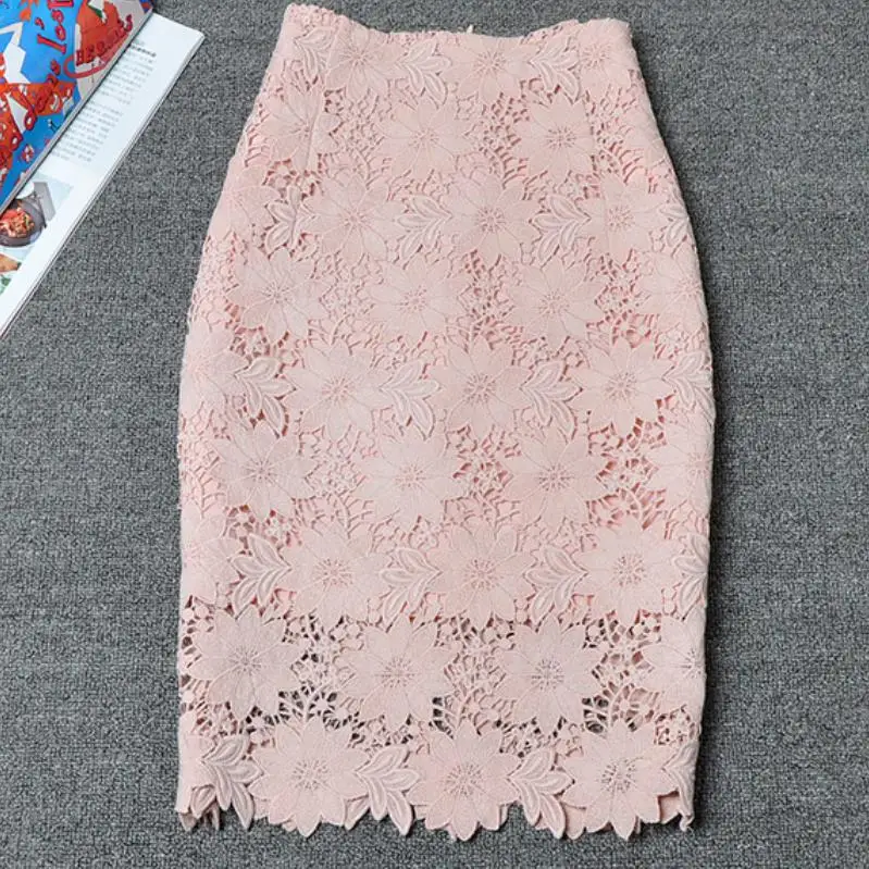 Женская кружевная юбка-карандаш белая ажурная юбка с высокой талией и разрезом