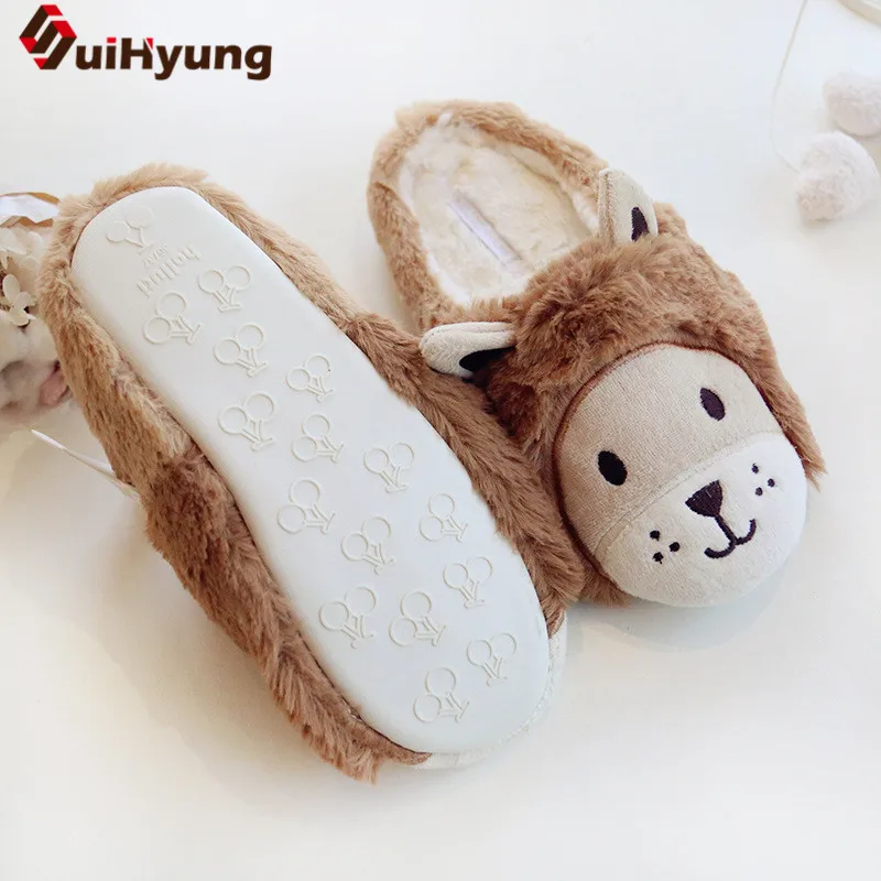 Suihyung/плюшевые тапочки с забавными животными; женская зимняя теплая Нескользящая домашняя обувь; женская обувь на плоской подошве с мехом коричневого льва; меховая обувь