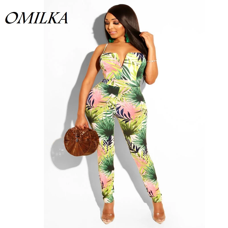

OMILKA 2019 Summer Women Spaghetti Strap V Neck Floral Printed Backless Bodycon Rompers and Jumpsuits Sexy Club Beach Overalls