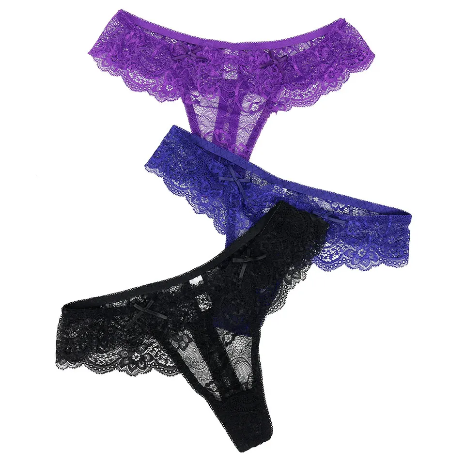 purple blue black Для женщин стринги и G строки 3 шт./лот пикантные прозрачные трусики кружева Бесшовные T трусики низкой посадкой женское нижнее белье женские стринги женское белье - Цвет: purple blue black