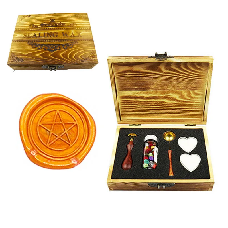 1 wood box Пентаграмма старинные свадебные приглашения на заказ изображение логотипа воск печать штамп палочки ложка Подарочная коробка набор - Цвет: 1 wood box
