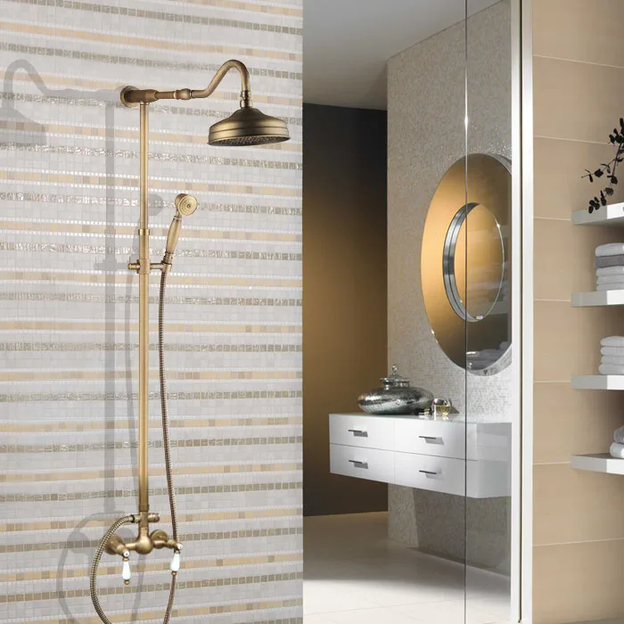 

Vintage Retro Antique Brass Wall Mounted Bathroom 8" Round Rain Shower Head Faucet Set Dual Ceramic Handles Mixer Tap man512