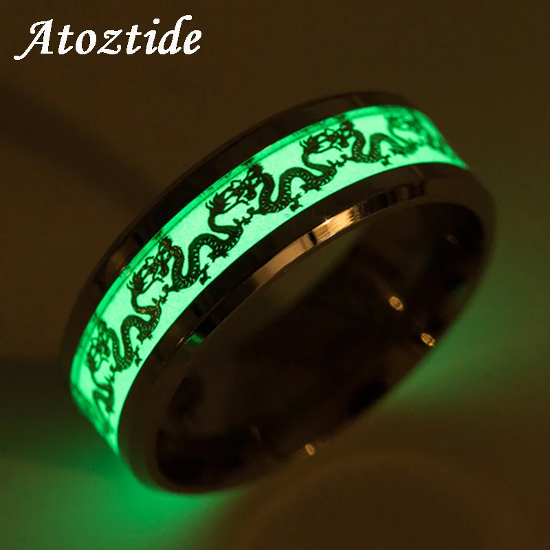 Atoztide 8mm Luminous Stainless Steel Double Dragon Ring For Men Fluorescent Long Totems Finger Rings Glowing | Украшения и