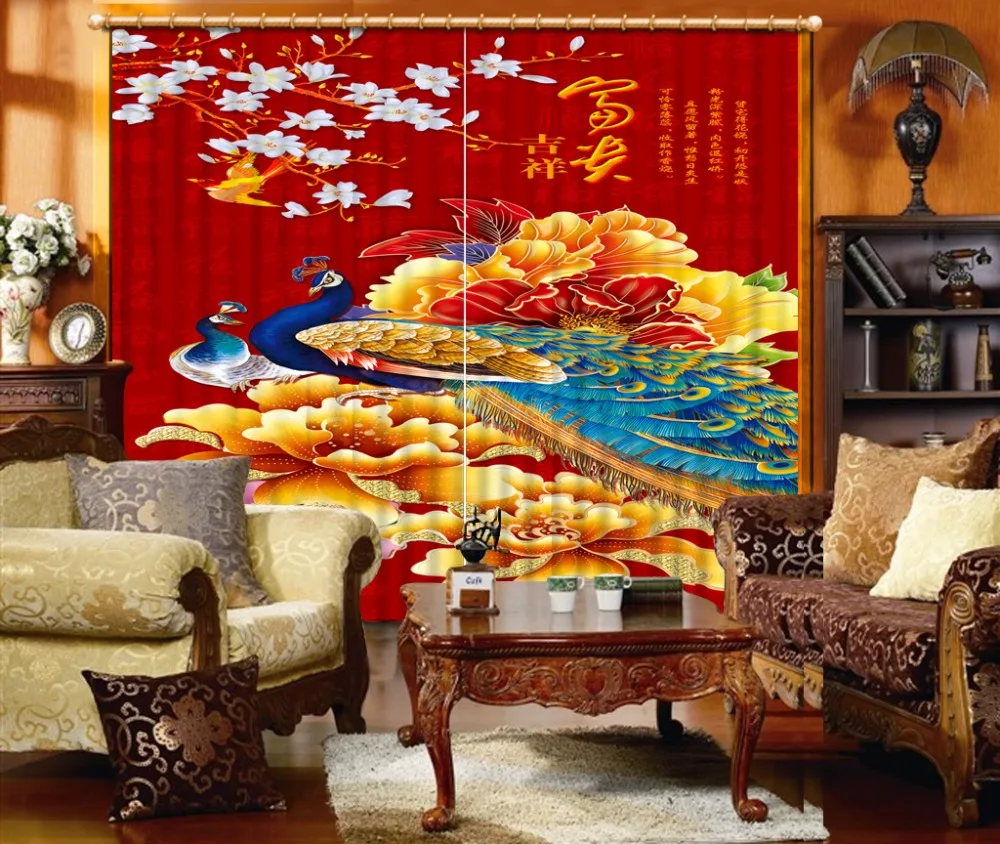 Домашний декор для спальни 3D занавески красный фон белый цветок павлин кровать