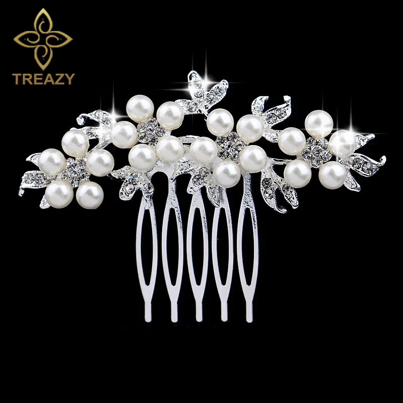 

TREAZY Fashion Pearl Crystal Wedding Hair Jewelry Charm Floral Bridal Hair Combs Women Party Hairpins Wedding Hair Accessories