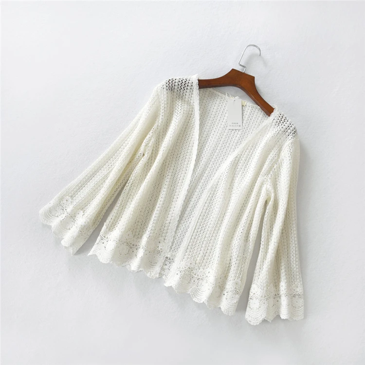 Summer flare sleeve loose hollow out lace cardigan embroidery short crop top shirt open stitch for women |