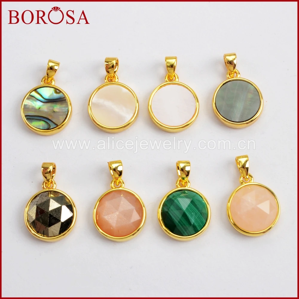 

BOROSA 10PCS Natural Round Multi-kind Faceted Stones Pendant Gold Plated Abalone Shell Pink Opal Pendants for DIY Earrings WX984