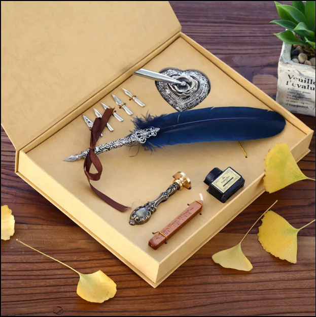 Gift Box Vintage Harry Potter Metal Curved Natural Turkey Feather Pen Set with 5 nibs pen stand Stamp Wax Quill Signature Pen|feather set|pen
