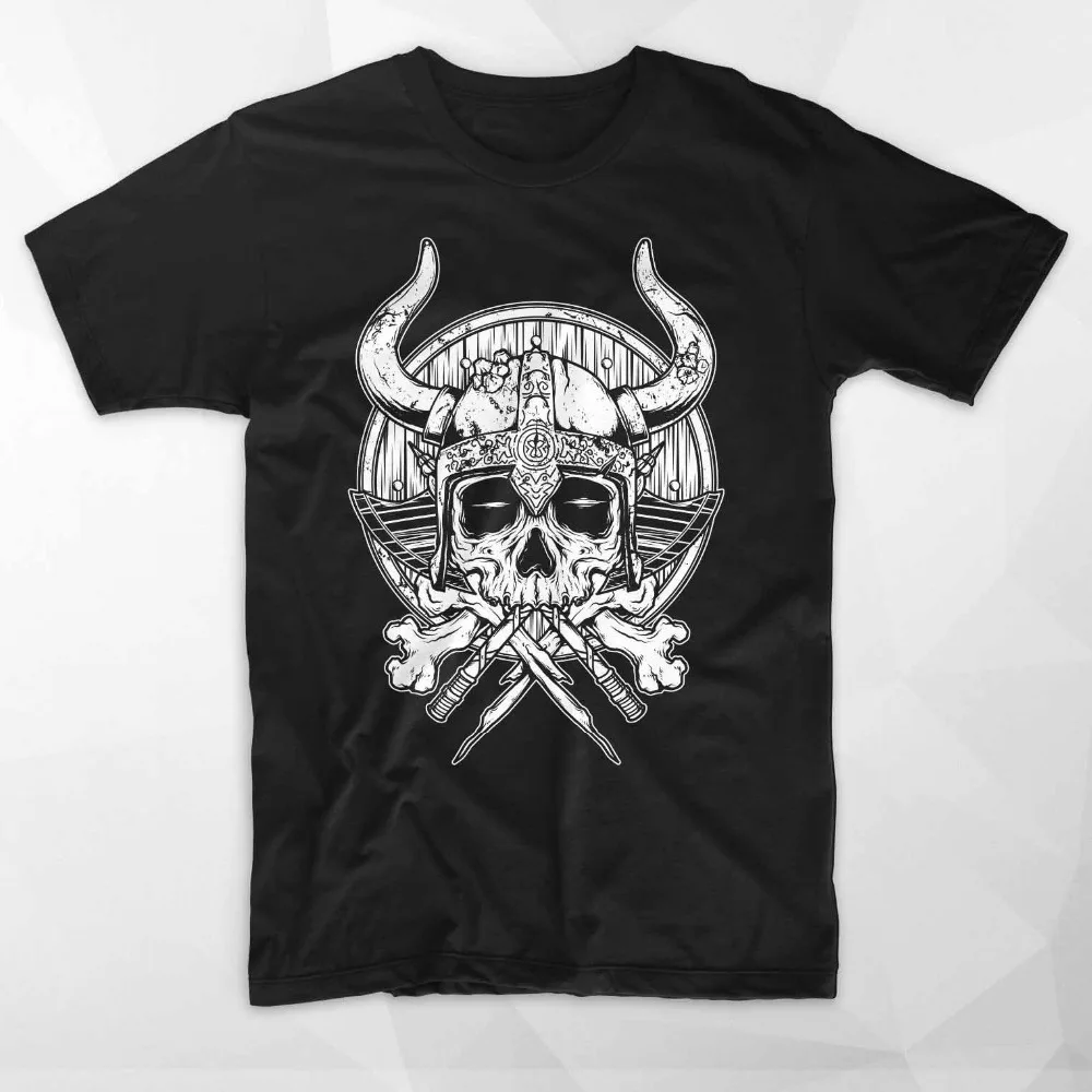 Новые 2018 т рубашка Для мужчин футболка Викинги Футболка Череп Скелет Ragnar Lodbrok