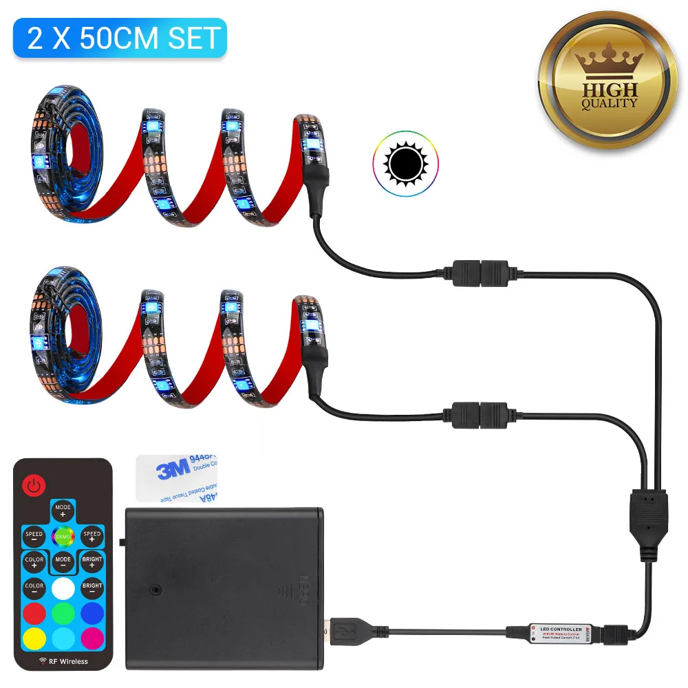 Светодиодная лента на батарейках 5 В, RGB, USB, 5050, гибкая, ТВ, настольный экран, фоновое освещение, светодиодная лента, водонепроницаемая, 1 м, 2 м, 17 ключей, RF - Испускаемый цвет: 2 X 50CM