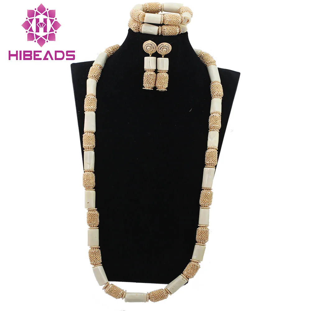 

2017 New White Coral 40"inches Long Coral Gold Statement Jewelry Sets Bridal Necklace Set Dubai Women Gift JewelryABH121