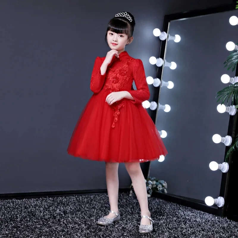 short red С цветочным рисунком для маленьких девочек Cheongsam Qipao платье для детей с новогодней елкой, бумажный новогодние костюмы Ткань Детские платья Свадебный костюм, одежда - Цвет: short red