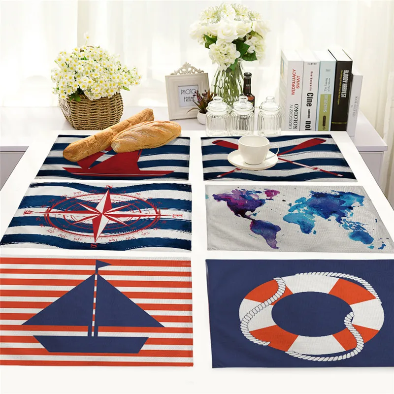 

1Pcs Creative Nautical Anchor Pattern Kitchen Placemat Table Mat Coaster Cotton Linen Pad Dish Cup Mat 42*32cm Home Decor MS0015