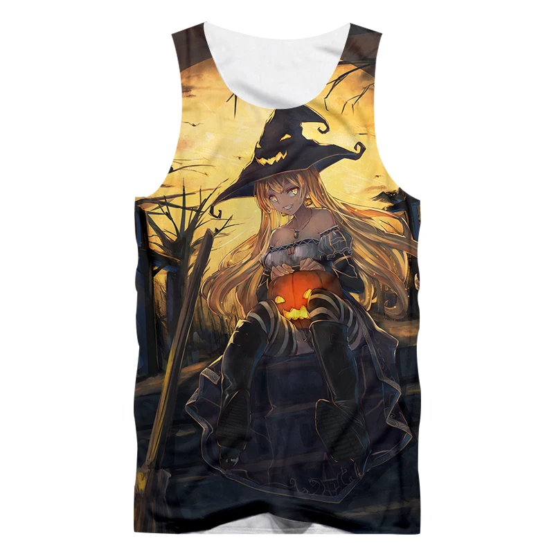 UJWI Halloween New Man Anime Tank Top 3D Printed Doll And Flame Pumpkin Best Selling Personality Loose Men's | Мужская одежда