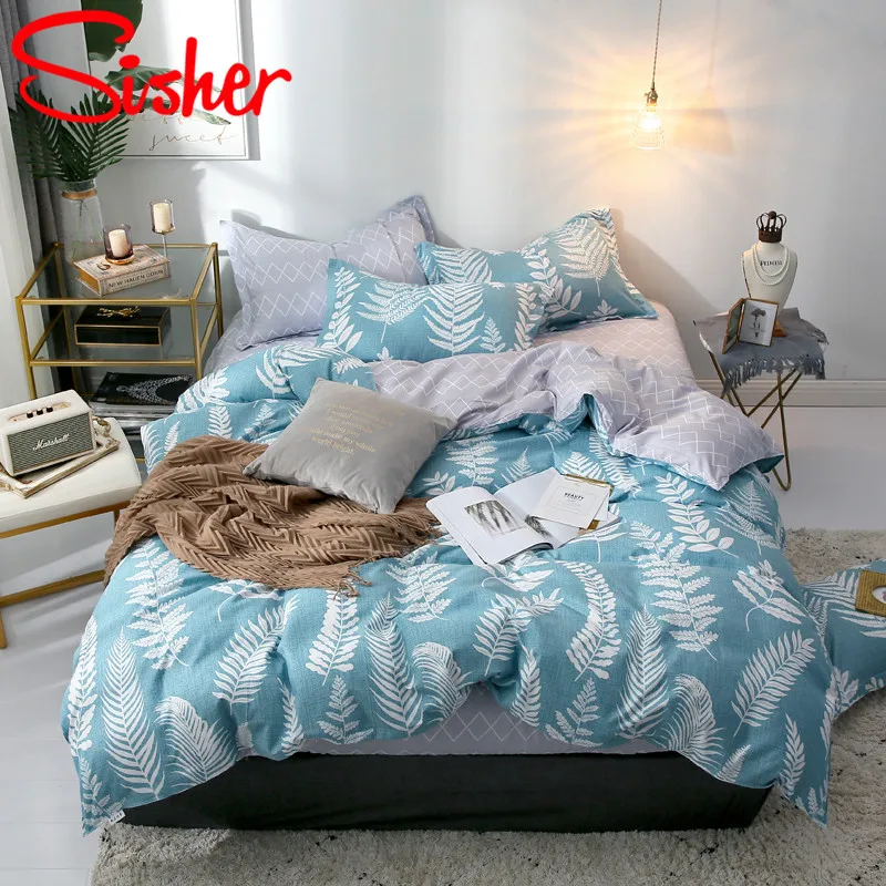 Blue1 Sisher Pastoral Green Leaf Print Duvet Cover Set Cotton Polyester Adult Comforter Bedding Sets Size Single Double Queen King - Цвет: Blue1