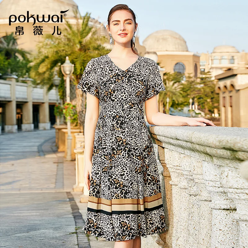 POKWAI 2019 летние новые женские с короткими рукавами шить длинное платье в полоску - Фото №1