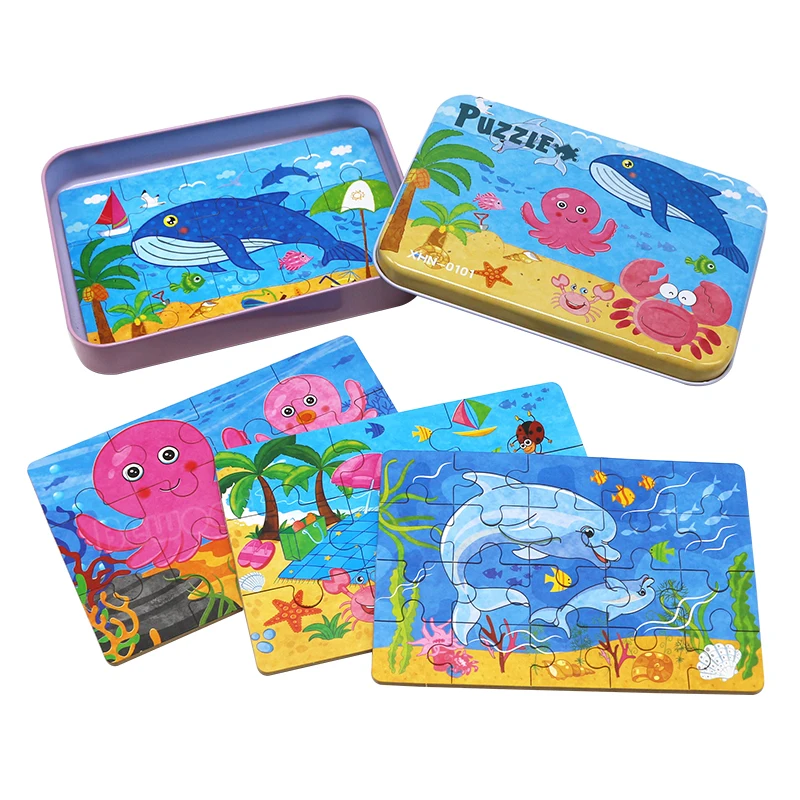 4 в 1 мультяшная 3D головоломка Metall Eisen Box Reibungslos Holz Puzzle Монтессори Lernspielzeug Kinder