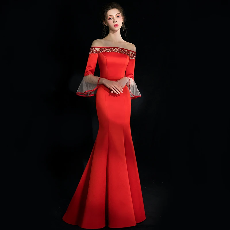 

JaneVini Red Satin Beaded Long Bridesmaid Dresses for Weddings Mermaid Boat Neck Poet Sleeve Backless Charming Formal Prom Gowns