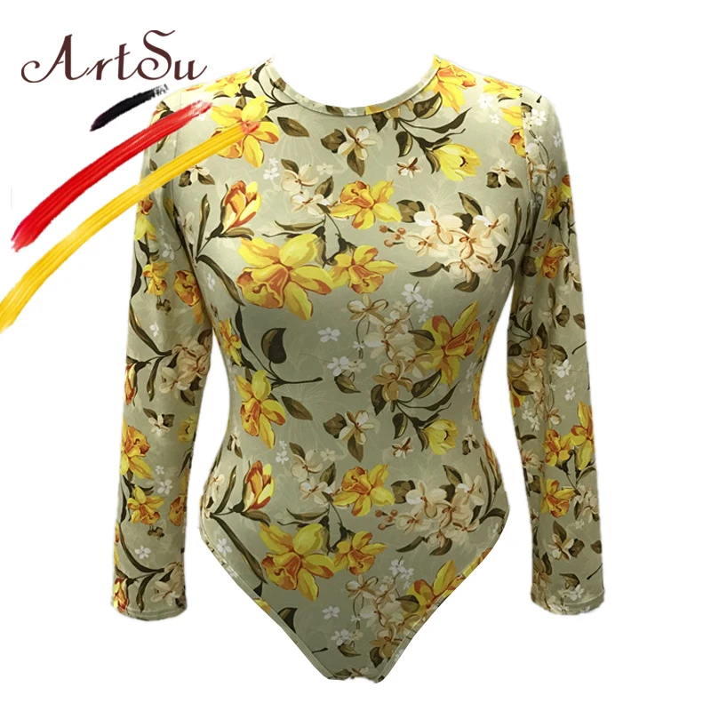 ArtSu винтажный цветочный женский боди комбинезон 2017 Осень Зима длинный рукав