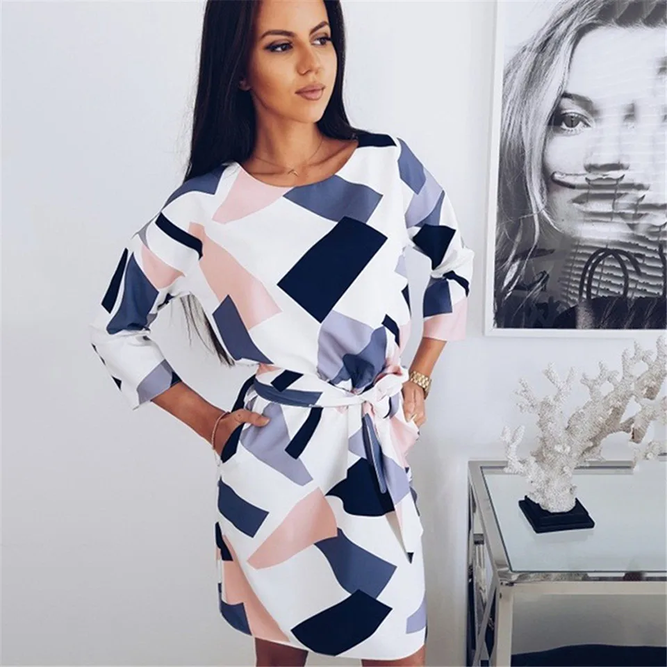 2019 Autumn Straight Women's Dresses Ladies Geometric Printed Sashes Short Dress Three Quarter Sleeves O Neck Casual | Женская