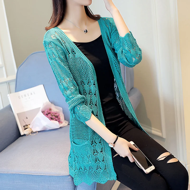 Women Thin Style Cardigan Summer New Hollows Loose Shawls Knitted Sweater Small Coat Air Conditioning Shirt Sunscreen Long Dress |