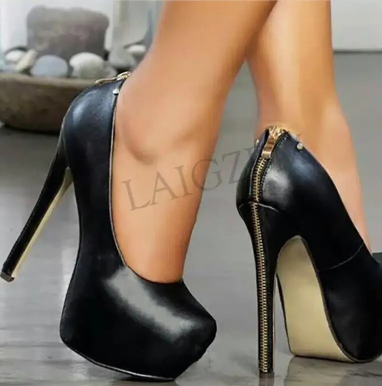 LGZ697 Black Round LAIGZEM застежкой-молнией, украшенная Для женщин каблук, круглый носок, без шнуровки, на Женская вечерняя Обувь Женская c искусственной кожи ботинки на каблуках Большой размер 34-52 - Цвет: LGZ697 Black Round