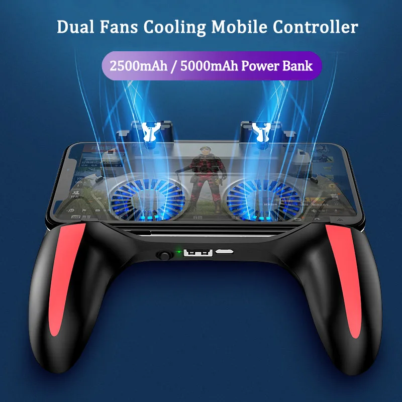 PUBG mobile controller with double fan cooling for iphone ios android phone game pad free fire with 2500mah / 5000mah power bank images - 6