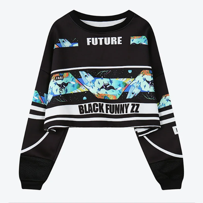 Shark black Женский укороченный топ в стиле Харадзюку, укороченный Топ с длинным рукавом и буквенным принтом, женские толстовки, весна, хип-хоп Свободная Женская толстовка - Цвет: Shark black