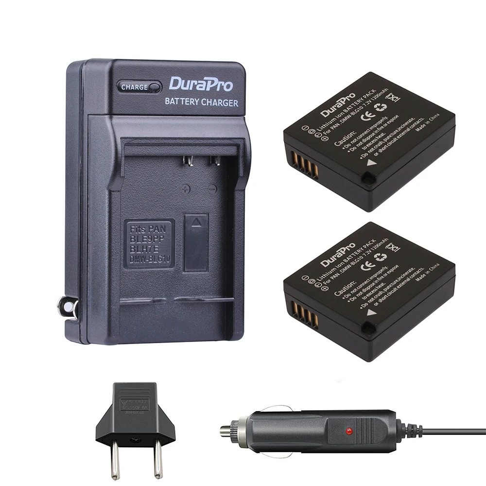 2 шт. DuraPro DMW-BLG10, DMW BLG10, BLG10 батарея+ Автомобильное зарядное устройство+ ЕС Разъем для Panasonic LUMIX GF5 GF6 GX7 LX100 GX80, GX85, D-Lux