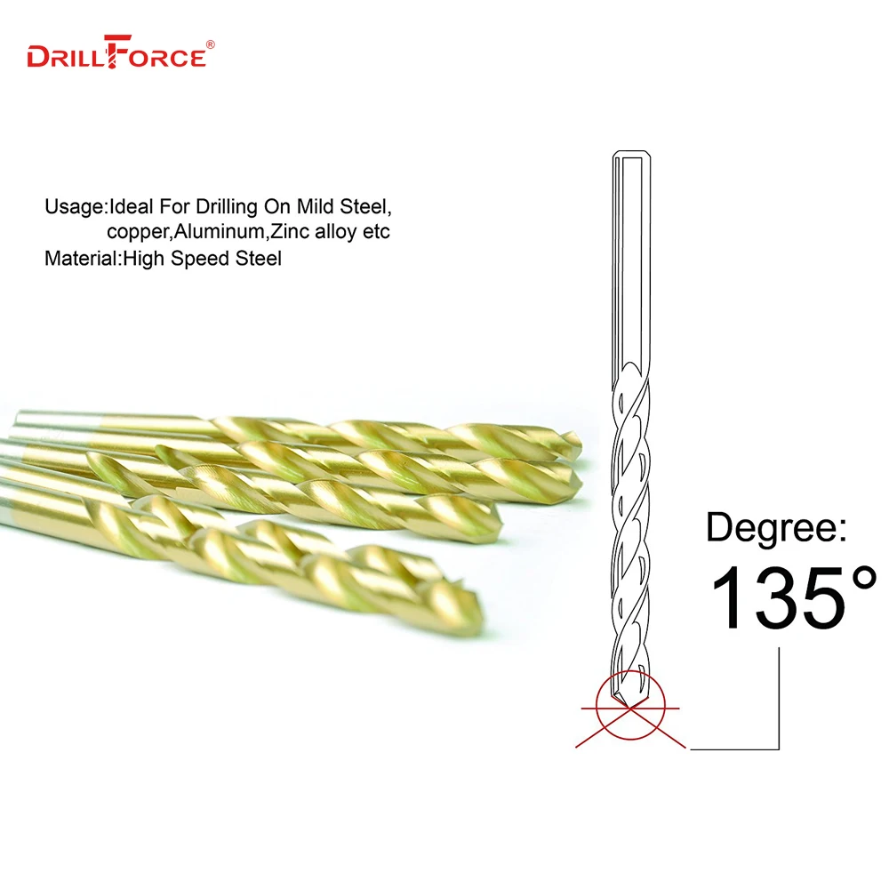 Drillforce 21 шт. 1/16 &quot 3/8&quot HSS Twist с титановым покрытием ручное сверло