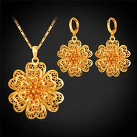 flower jewelry set bridal pendant necklace earrings set women gift gold color hollow metal flower pe2254