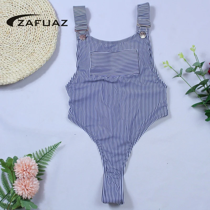ZAFUAZ Sexy полосой бикини с кармашками поясом BathingSuit купальник-монокини высокой
