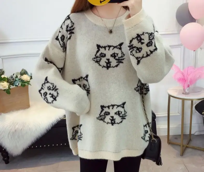 

Autumn and winter new women's cat pattern pullover sweater sweet loose sweater