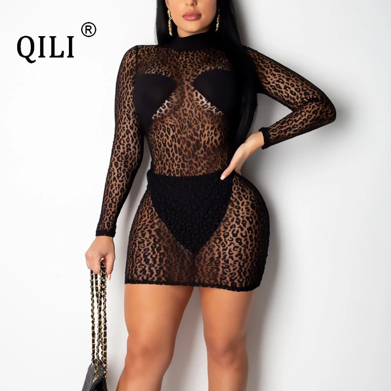 

QILI Sexy See Through Leopard Mesh Dress Two Piece Set Full Sleeve Bodycon Mini Party Club Dresses Women Autumn Dress New 2019