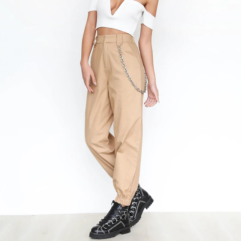 

2018 Summer thin cargo pants with chains Women High waist ankle-length pants Cool street female trousers Casual khaki pants
