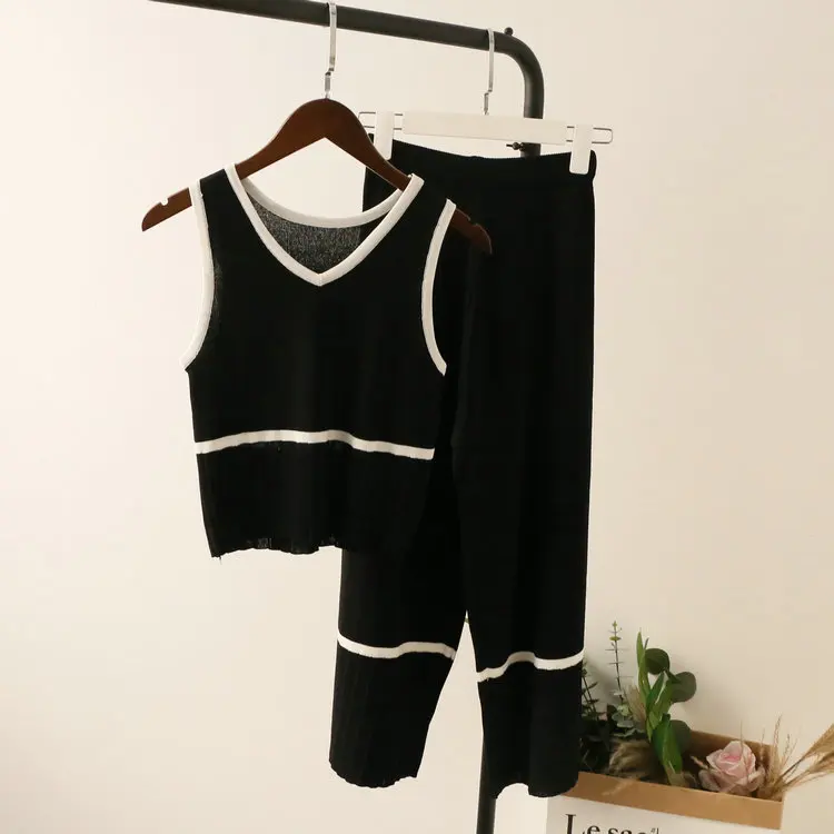 Черный ALPHALMODA, английский стиль, женский летний вязанный джемпер без рукавов+ широкие укороченные штаны, повседневные костюмы из 2 предметов - Цвет: Черный
