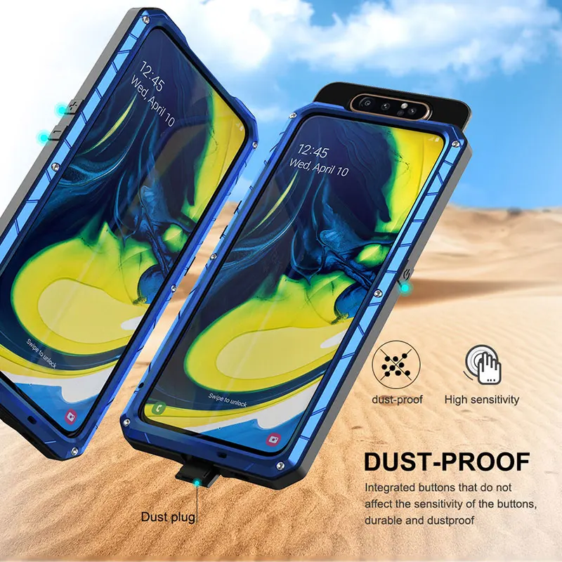 For Samsung Galaxy A80 Phone Case Hard Aluminum Metal Tempered Glass Screen Gift Protector Cover Heavy Duty Protection Cover