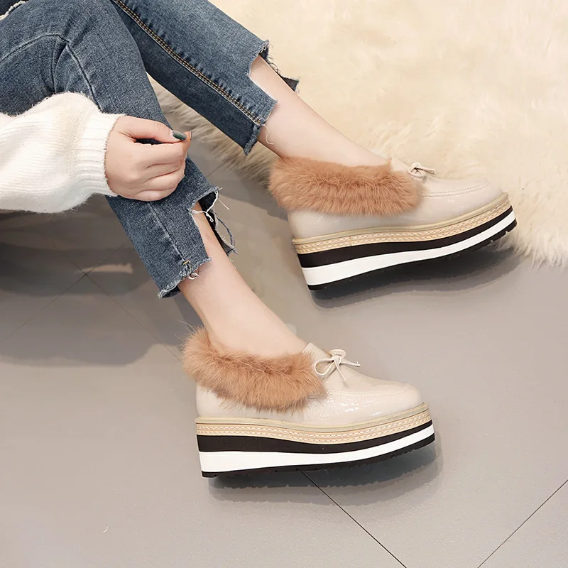 Зимняя обувь с бантом zapatos для девочек плюшевая на плоской подошве мехом удобные